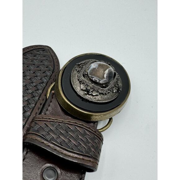 Allison Daniel Designs Brown Tooled Leather Belt Black Brown Geode Buckle Sz 36 - Picture 5 of 8